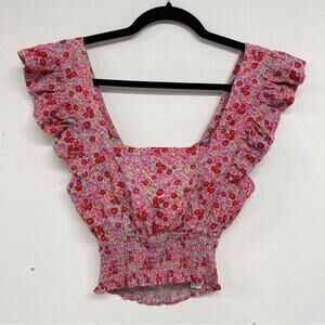 Pimkie Collection Pink & Red Ditsy Floral Ruffled Sleeve Cropped Blouse S